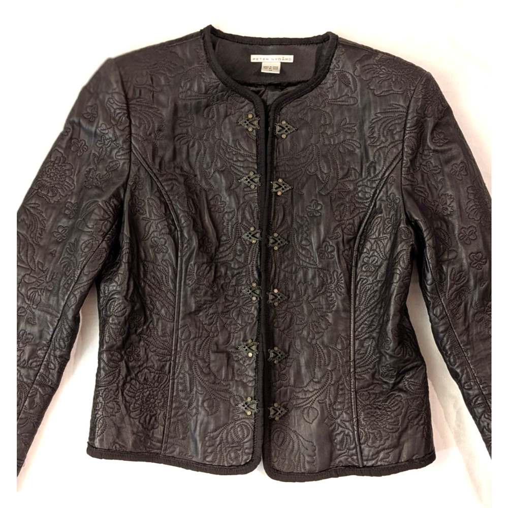 Peter Nygard Black Embroidered Leather Jacket Womens 14 Boho Western Hook Eye